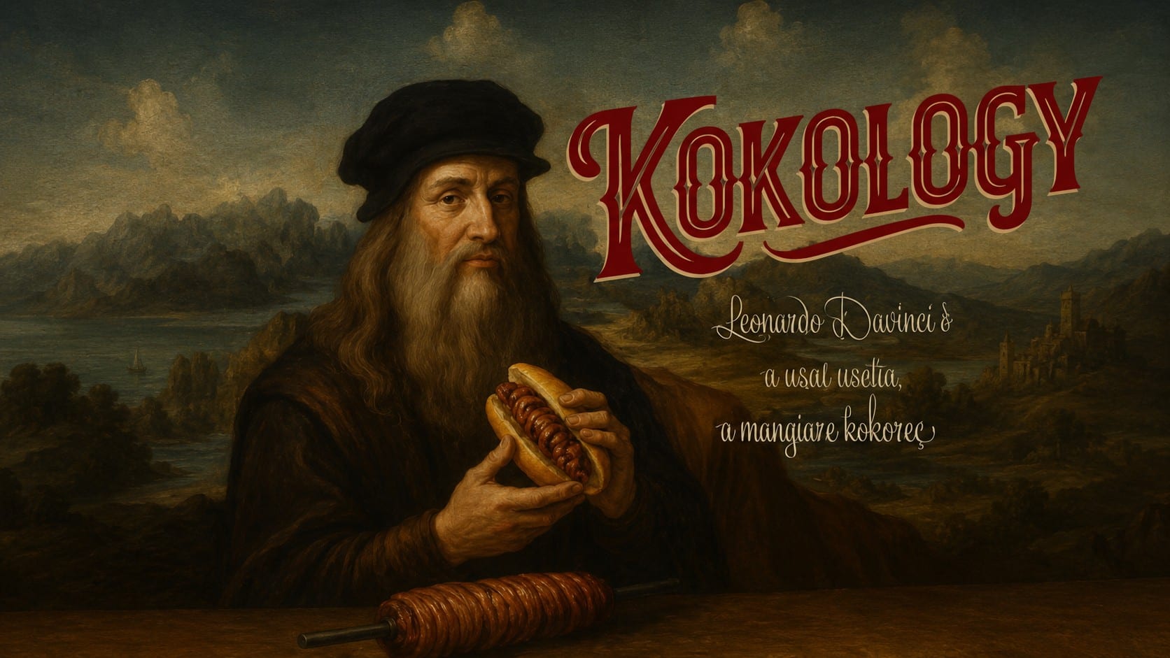 Kokology marka görseli: Leonardo da Vinci elinde kokoreç ekmek arası tutuyor, önündeki masada şişte pişmiş kokoreç — Bursa Nilüfer Ataevler kokoreççisi